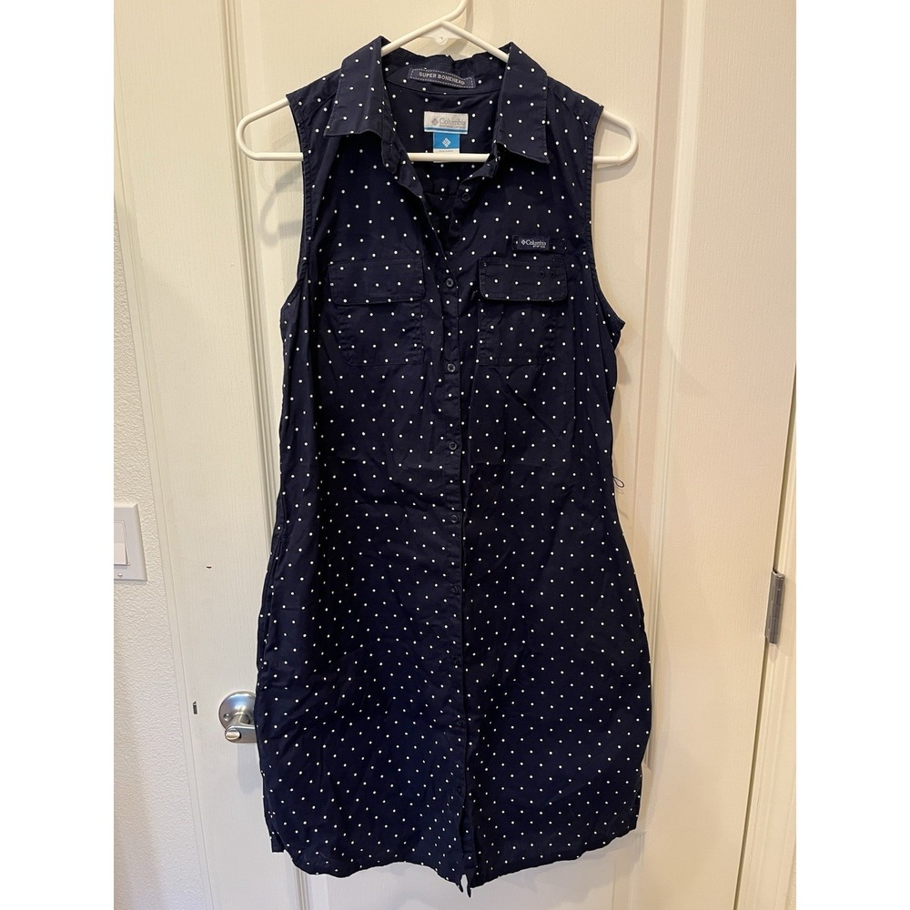 Columbia PFG Dress Womens M Blue Super Bonehead Polka Dot Button Shirtdress